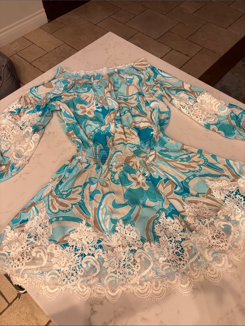 Boston Proper Turquoise and Cream Lace-Trim Off-Shoulder Mini Dress